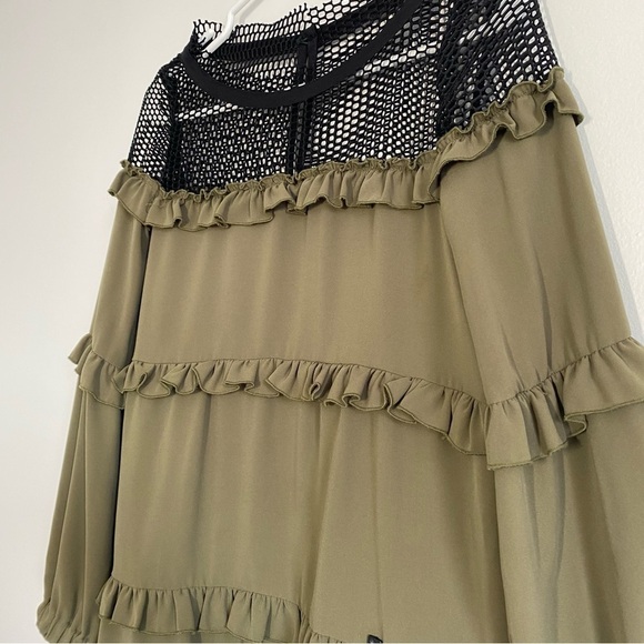 David Naman Italian Designer Green Mini Ruffle Dress with Mesh and Long Sleeves - Picture 3 of 13